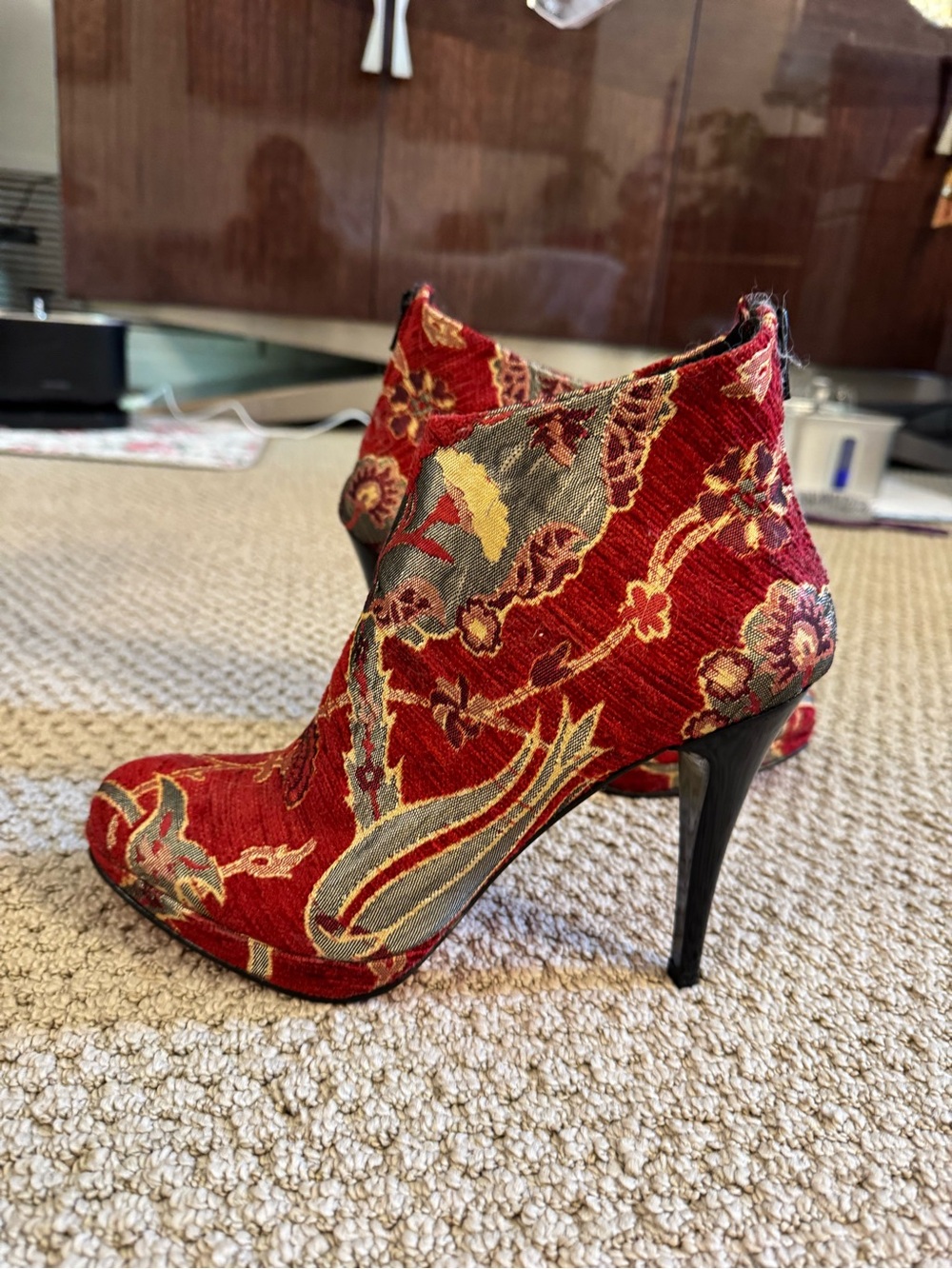 New Turkish Red Floral Jacquard Ankle Bootie with Stiletto Heel made in Turkey